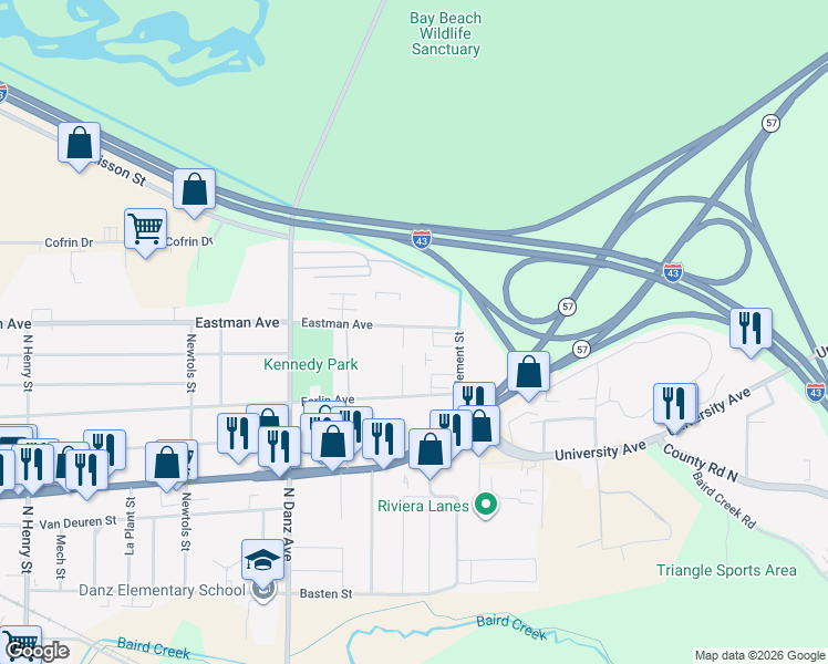 map of restaurants, bars, coffee shops, grocery stores, and more near 2350 Eastman Avenue in Green Bay
