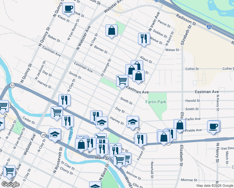 map of restaurants, bars, coffee shops, grocery stores, and more near 1283 Smith Street in Green Bay