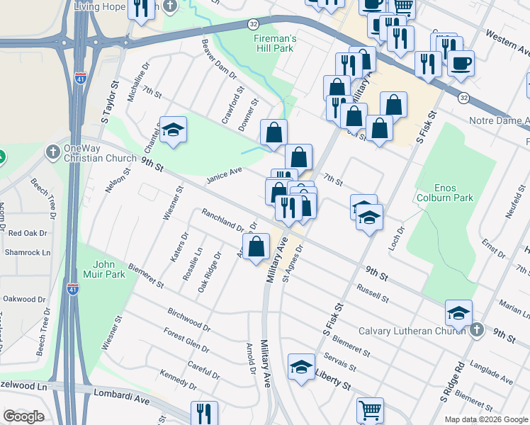 map of restaurants, bars, coffee shops, grocery stores, and more near 1616 9th Street in Green Bay