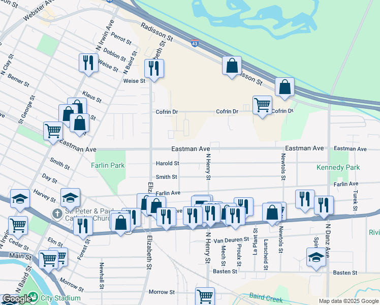 map of restaurants, bars, coffee shops, grocery stores, and more near 1716 Eastman Avenue in Green Bay