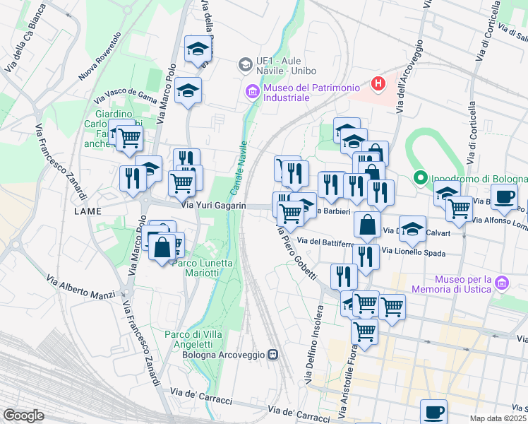 map of restaurants, bars, coffee shops, grocery stores, and more near 29 Via Yuri Gagarin in Bologna