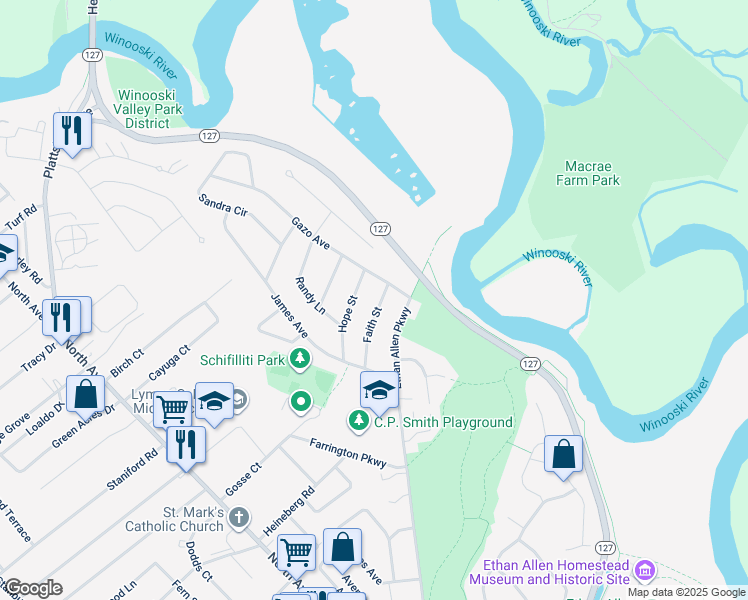 map of restaurants, bars, coffee shops, grocery stores, and more near 75 Faith Street in Burlington