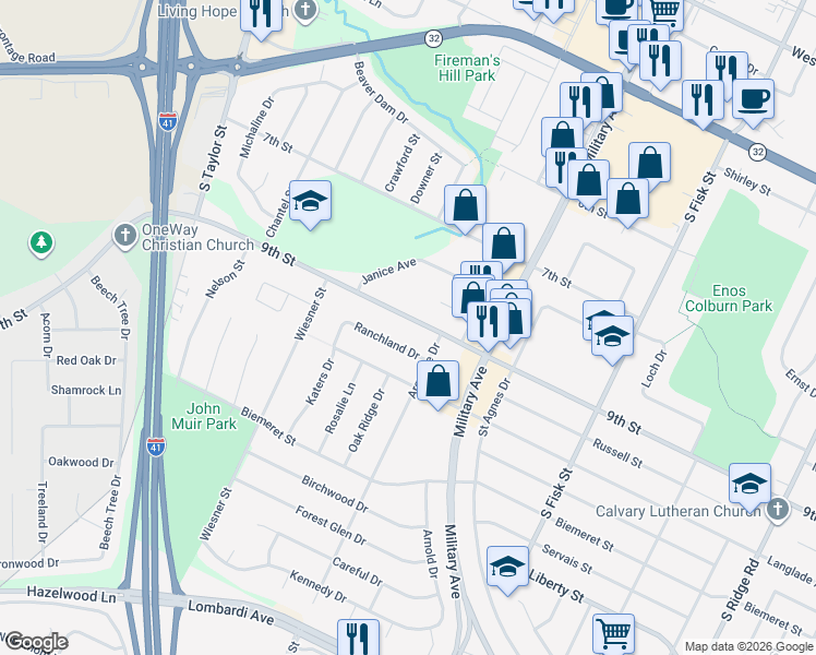 map of restaurants, bars, coffee shops, grocery stores, and more near 1645 9th Street in Green Bay