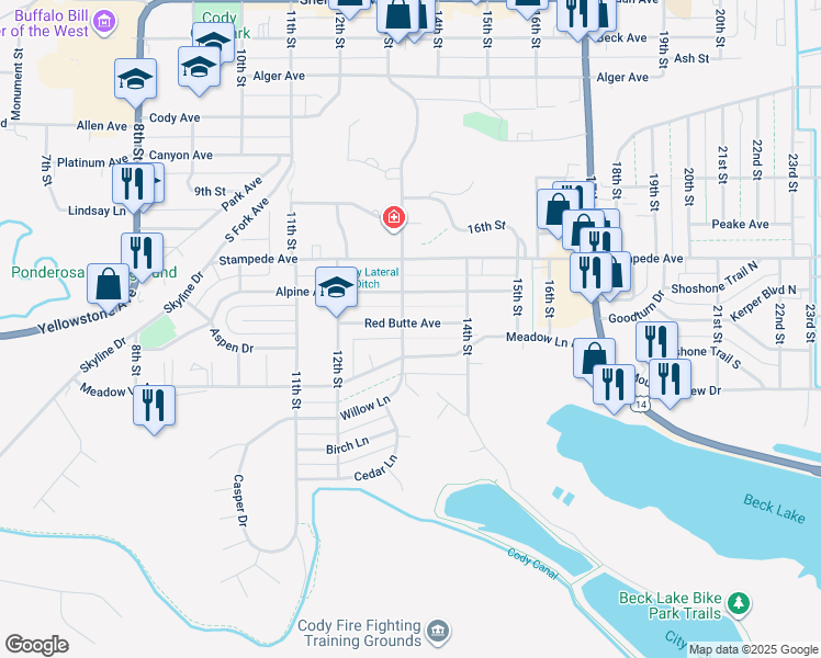map of restaurants, bars, coffee shops, grocery stores, and more near 1302 Red Butte Avenue in Cody