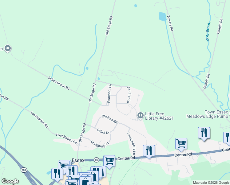 map of restaurants, bars, coffee shops, grocery stores, and more near 5 Weathersfield Bow Drive in Essex