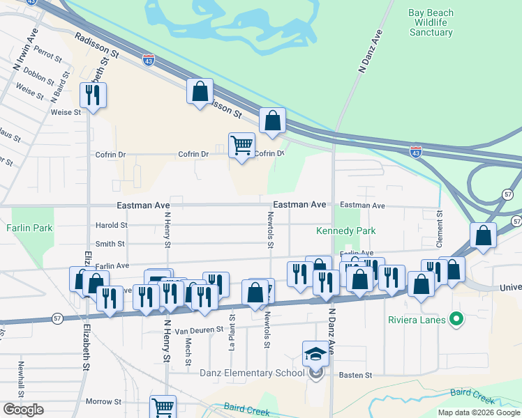map of restaurants, bars, coffee shops, grocery stores, and more near 2006 Eastman Avenue in Green Bay