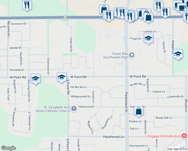 map of restaurants, bars, coffee shops, grocery stores, and more near 1438 Baumgart Road in Green Bay