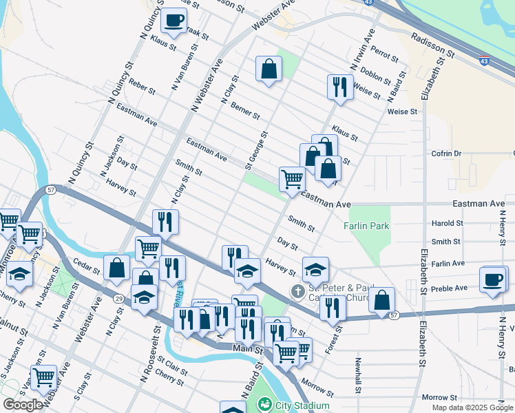 map of restaurants, bars, coffee shops, grocery stores, and more near 1240 Smith Street in Green Bay
