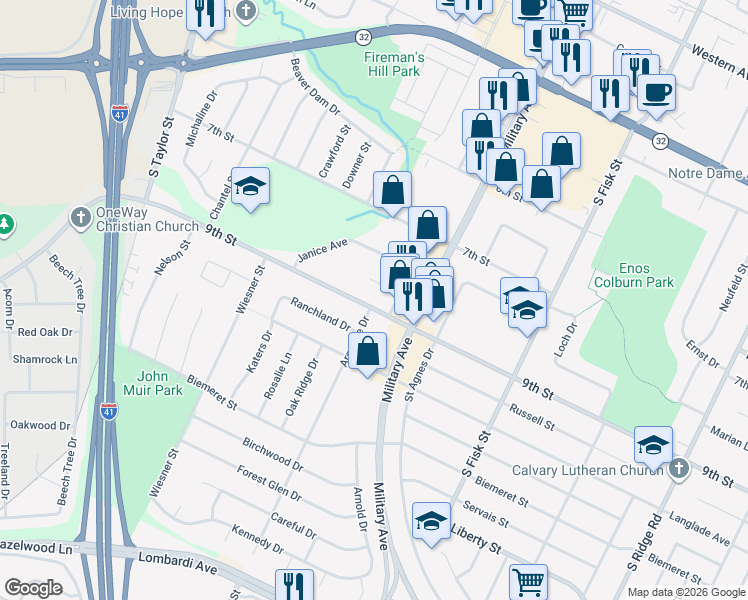 map of restaurants, bars, coffee shops, grocery stores, and more near 1616 9th St in Green Bay