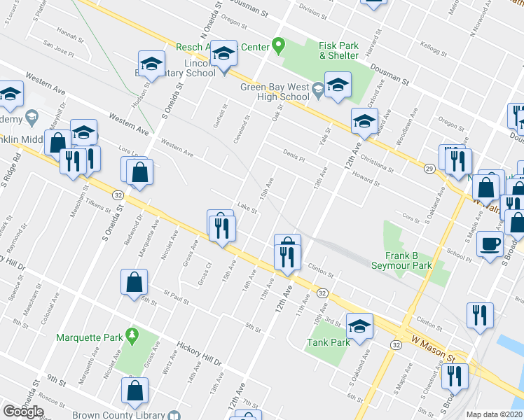 map of restaurants, bars, coffee shops, grocery stores, and more near 970 Lake Street in Green Bay