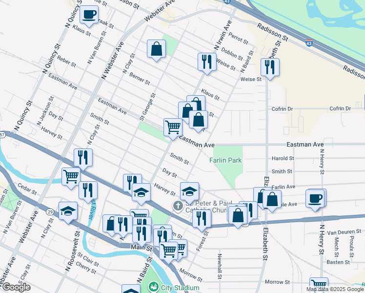 map of restaurants, bars, coffee shops, grocery stores, and more near 1326 Eastman Ave in Green Bay