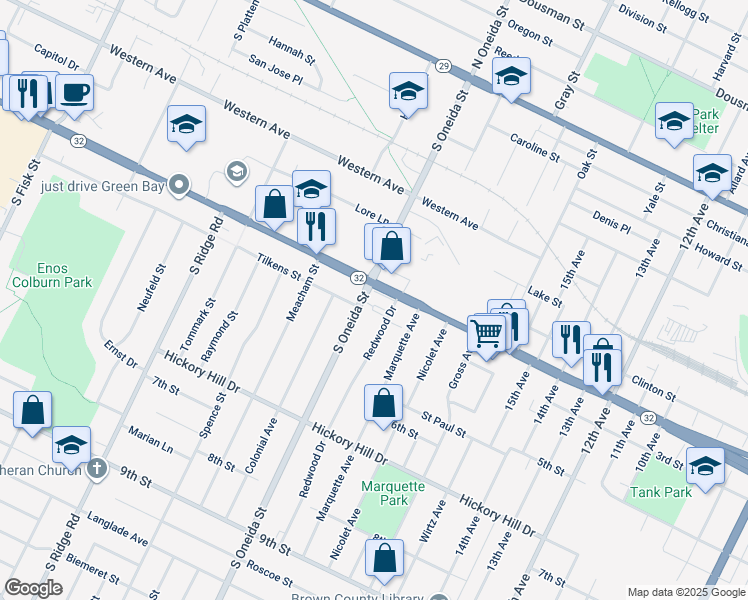 map of restaurants, bars, coffee shops, grocery stores, and more near 1139 West Mason Street in Green Bay