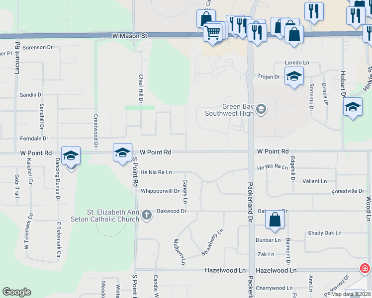 map of restaurants, bars, coffee shops, grocery stores, and more near 1438 Baumgart Road in Green Bay