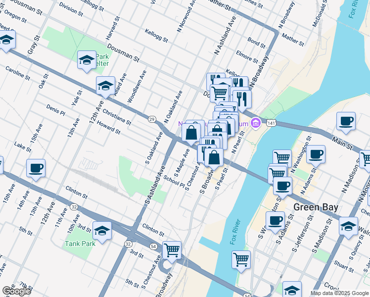 map of restaurants, bars, coffee shops, grocery stores, and more near 108 South Maple Avenue in Green Bay
