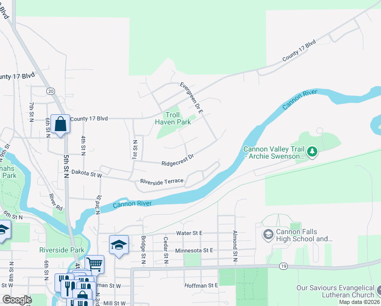 map of restaurants, bars, coffee shops, grocery stores, and more near 302 Ridgecrest Dr in Cannon Falls