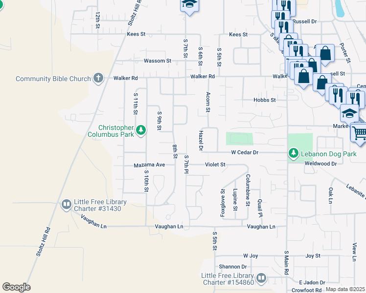 map of restaurants, bars, coffee shops, grocery stores, and more near 2902 South 7th Place in Lebanon