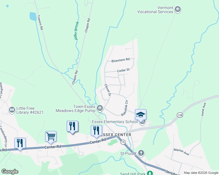 map of restaurants, bars, coffee shops, grocery stores, and more near 1 Thrush Lane in Essex