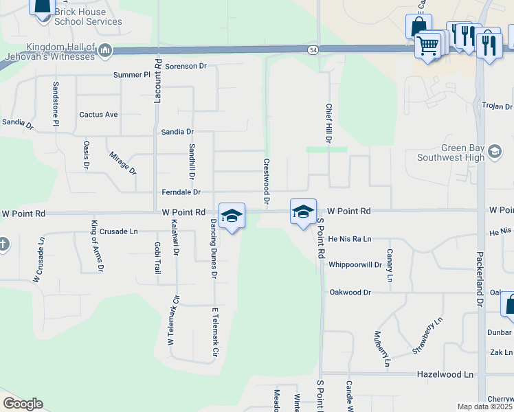 map of restaurants, bars, coffee shops, grocery stores, and more near 1436 Crestwood Drive in Green Bay