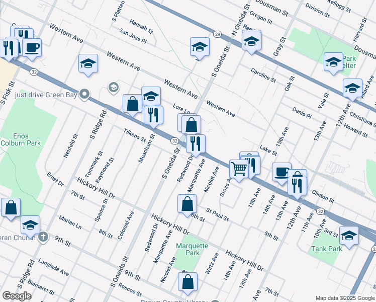 map of restaurants, bars, coffee shops, grocery stores, and more near 1139 West Mason Street in Green Bay