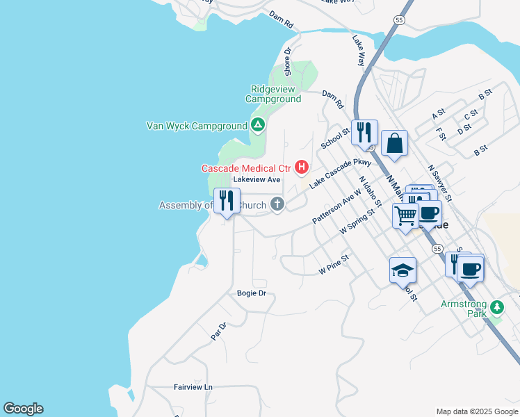 map of restaurants, bars, coffee shops, grocery stores, and more near 508 Lake Cascade Parkway in Cascade