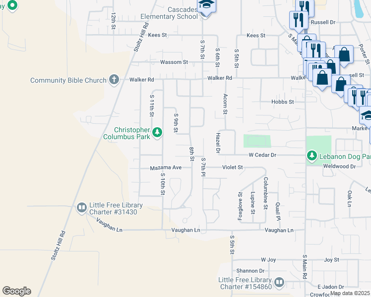 map of restaurants, bars, coffee shops, grocery stores, and more near 820 Sugarberry Lane in Lebanon