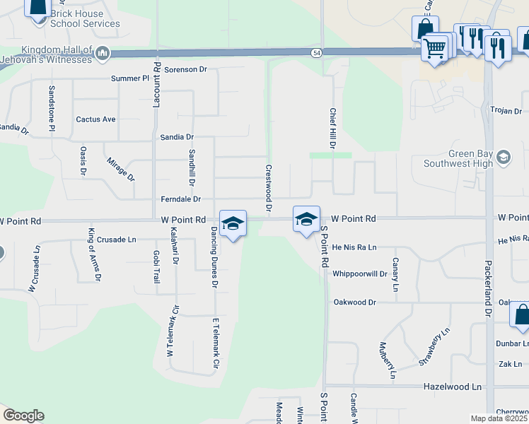 map of restaurants, bars, coffee shops, grocery stores, and more near 1436 Crestwood Drive in Green Bay