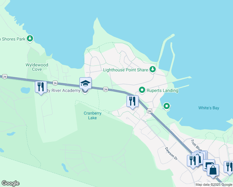 map of restaurants, bars, coffee shops, grocery stores, and more near 11437 Ontario 26 in Collingwood