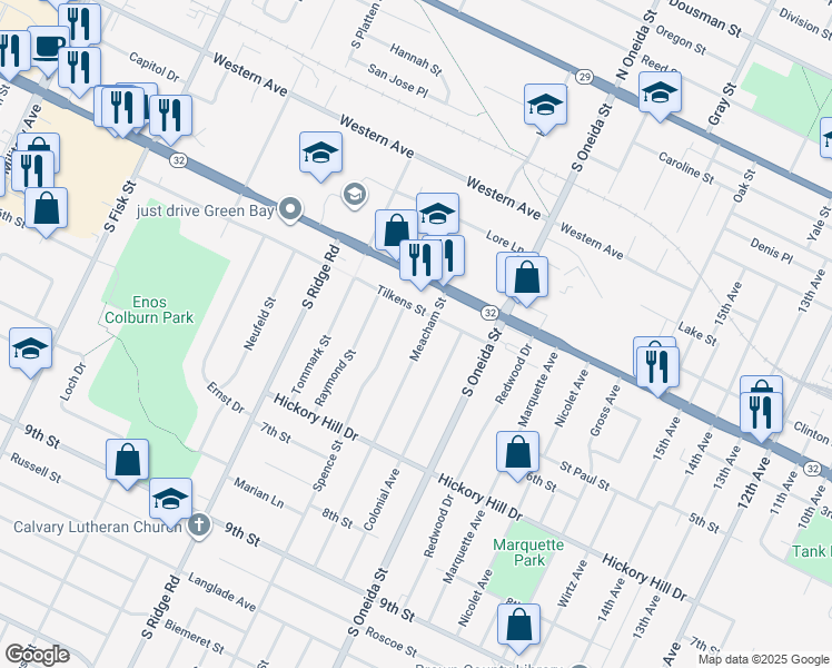 map of restaurants, bars, coffee shops, grocery stores, and more near 815 Spence Street in Green Bay