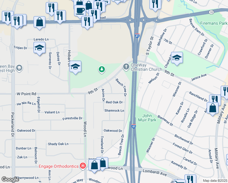 map of restaurants, bars, coffee shops, grocery stores, and more near 2070 West Point Terrace in Green Bay