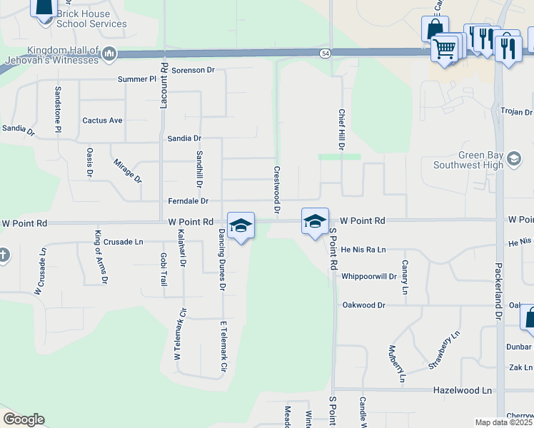 map of restaurants, bars, coffee shops, grocery stores, and more near 1436 Crestwood Drive in Green Bay