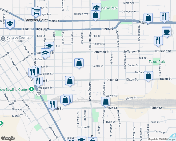map of restaurants, bars, coffee shops, grocery stores, and more near 2024 Michigan Avenue in Stevens Point