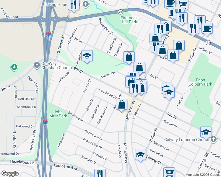 map of restaurants, bars, coffee shops, grocery stores, and more near 1645 9th Street in Green Bay