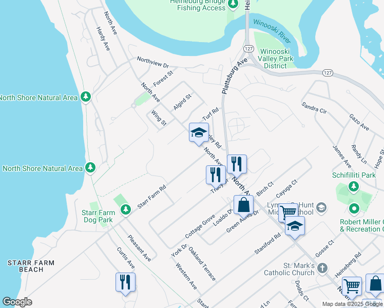 map of restaurants, bars, coffee shops, grocery stores, and more near 1205 North Avenue in Burlington