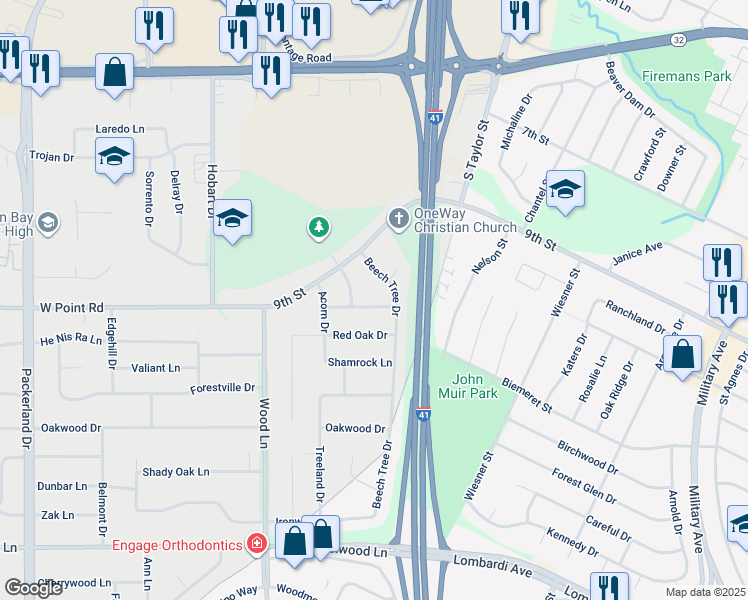 map of restaurants, bars, coffee shops, grocery stores, and more near 2070 West Point Terrace in Green Bay