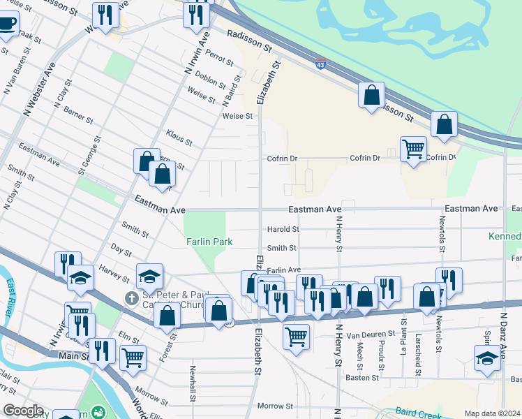 map of restaurants, bars, coffee shops, grocery stores, and more near 1098 Elizabeth Street in Green Bay