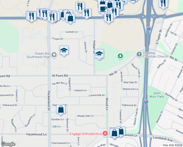 map of restaurants, bars, coffee shops, grocery stores, and more near 2452 West Point Road in Green Bay