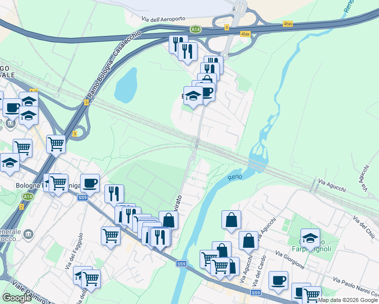 map of restaurants, bars, coffee shops, grocery stores, and more near 22 Via del Triumvirato in Bologna