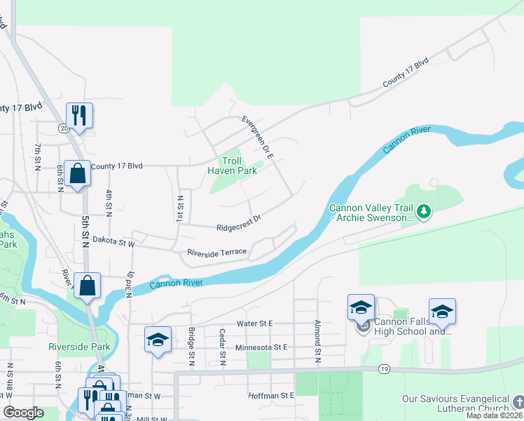 map of restaurants, bars, coffee shops, grocery stores, and more near 302 Ridgecrest Drive in Cannon Falls