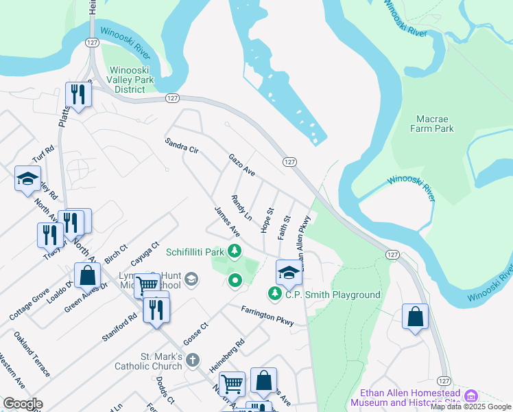 map of restaurants, bars, coffee shops, grocery stores, and more near 20 Charity Street in Burlington