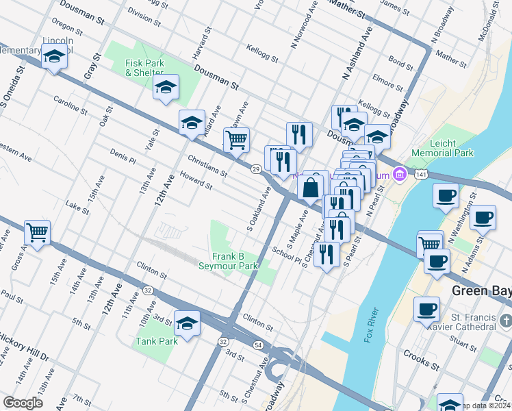 map of restaurants, bars, coffee shops, grocery stores, and more near 134 South Oakland Avenue in Green Bay