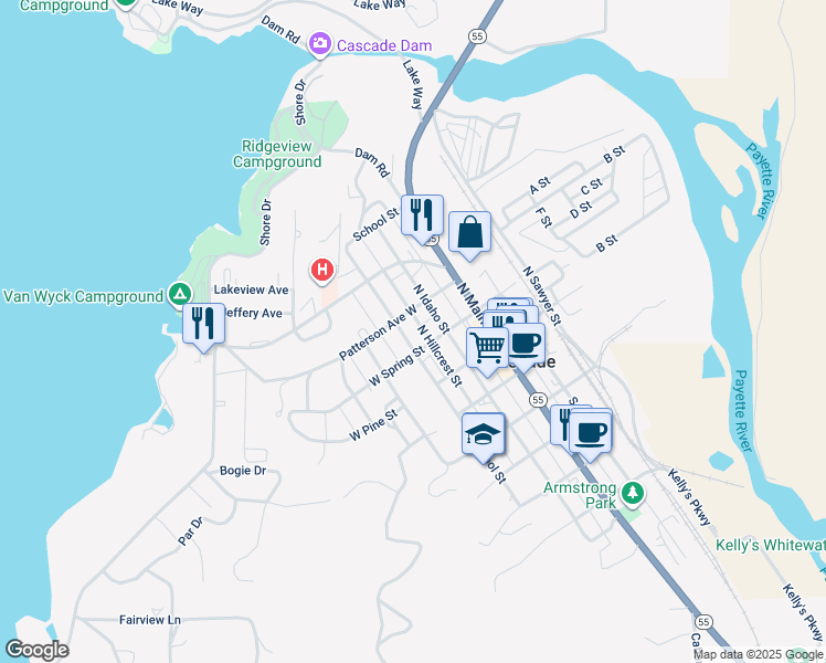 map of restaurants, bars, coffee shops, grocery stores, and more near 306 North School Street in Cascade