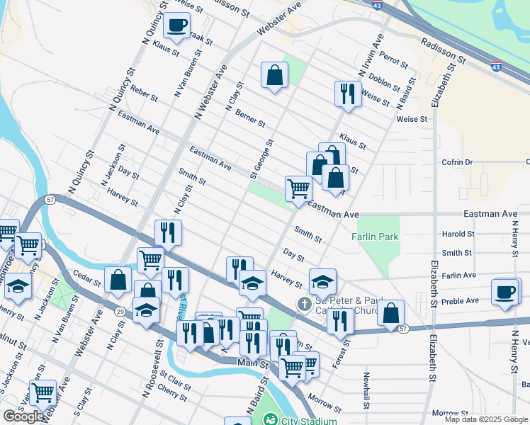 map of restaurants, bars, coffee shops, grocery stores, and more near 1240 Smith Street in Green Bay