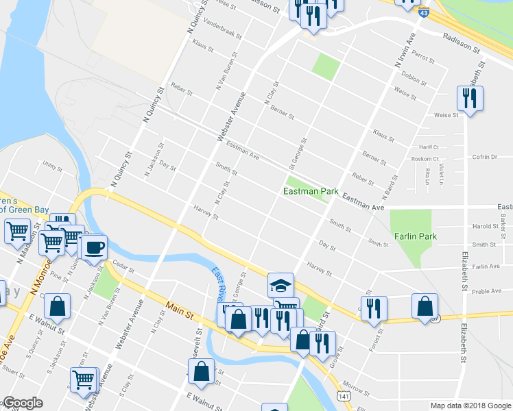 map of restaurants, bars, coffee shops, grocery stores, and more near 1155 Day Street in Green Bay