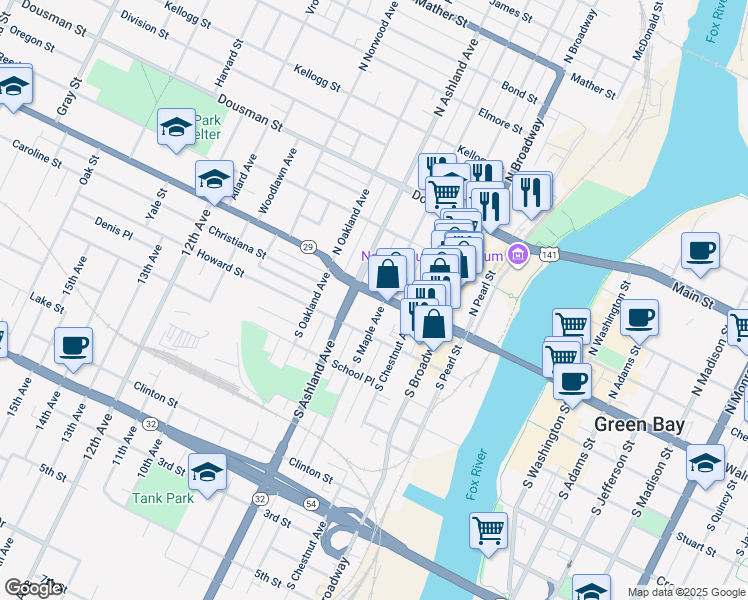 map of restaurants, bars, coffee shops, grocery stores, and more near 108 South Maple Avenue in Green Bay