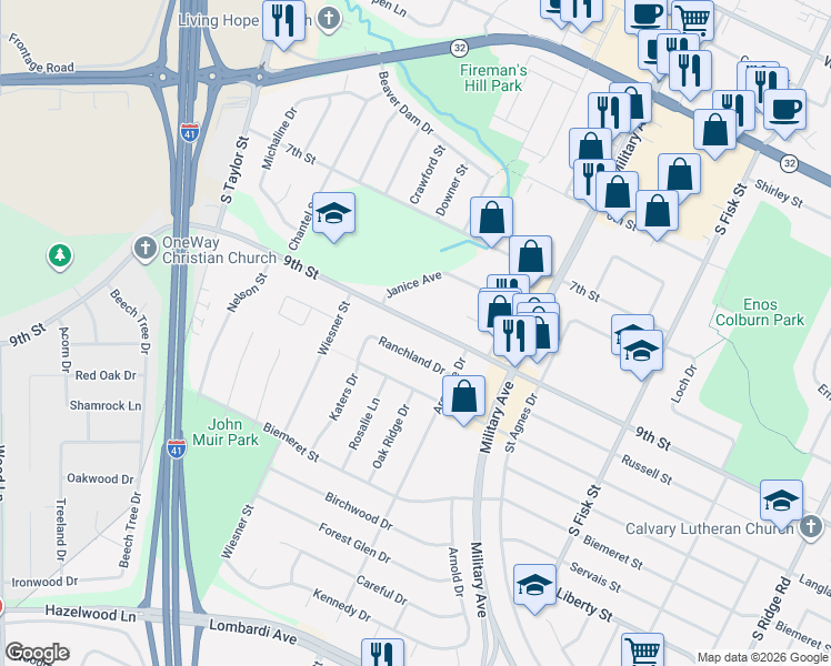 map of restaurants, bars, coffee shops, grocery stores, and more near 1645 9th Street in Green Bay
