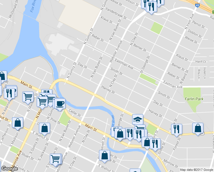 map of restaurants, bars, coffee shops, grocery stores, and more near 1025 Harvey Street in Green Bay