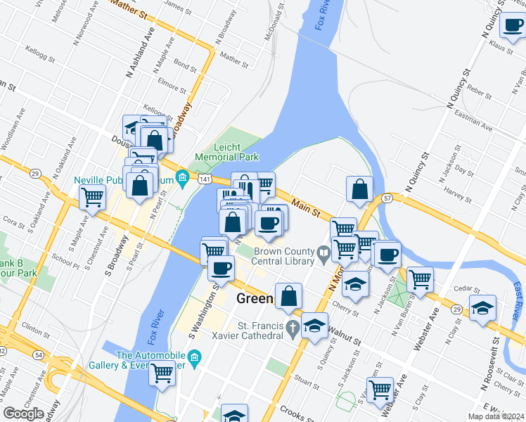 map of restaurants, bars, coffee shops, grocery stores, and more near 400 North Washington Street in Green Bay