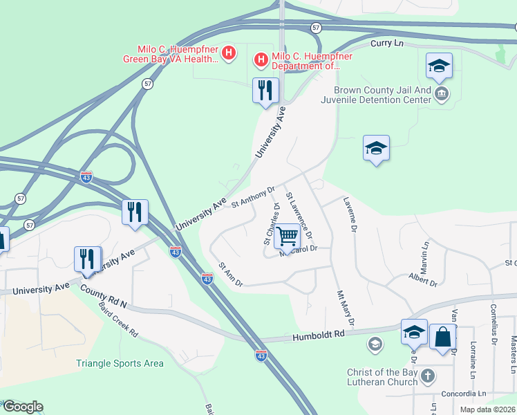 map of restaurants, bars, coffee shops, grocery stores, and more near 2517 Saint Ann Drive in Green Bay