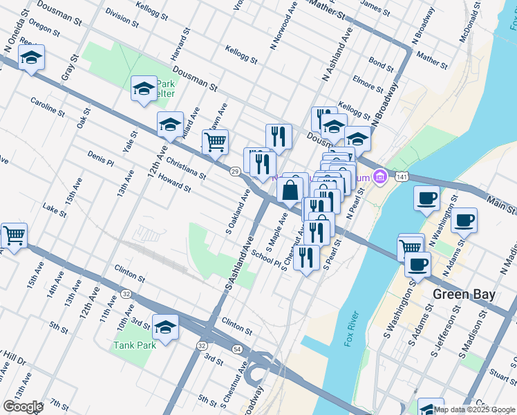 map of restaurants, bars, coffee shops, grocery stores, and more near 118 South Ashland Avenue in Green Bay