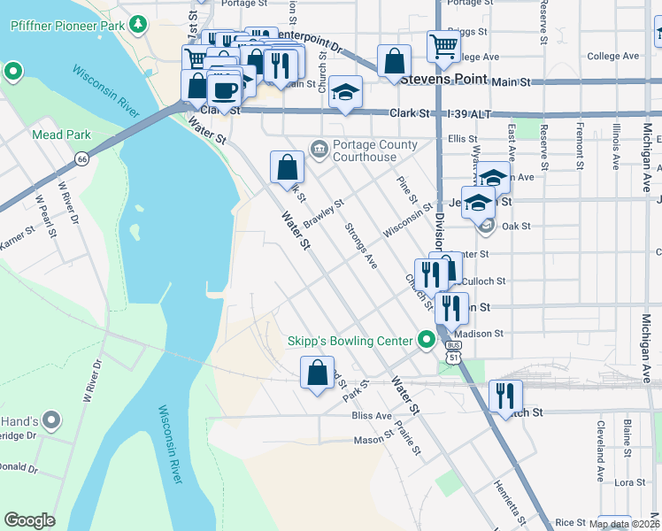 map of restaurants, bars, coffee shops, grocery stores, and more near 1008 Wisconsin Street in Stevens Point